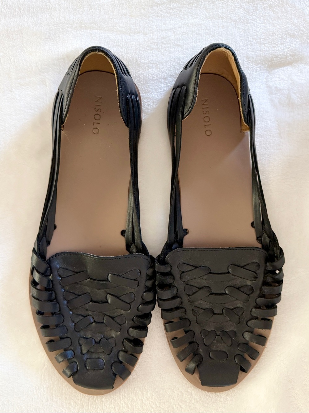 Nisolo Black Leather Huarache Flats Size 10 Handmade Woven Shoes
